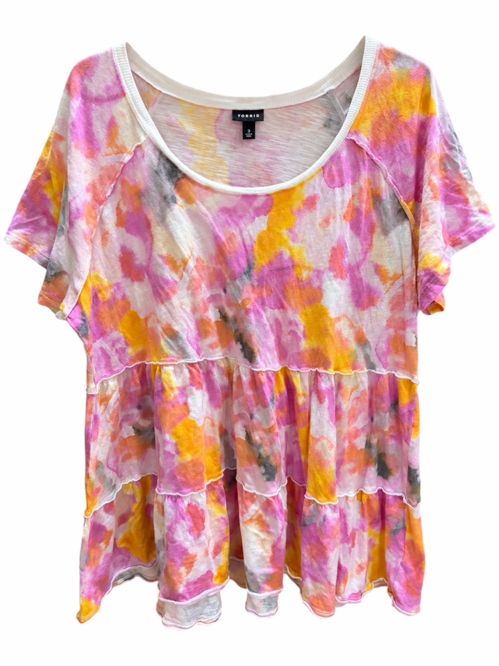 torrid | Pink, Yellow & Gray Watercolor Tiered Scoop Neck Top